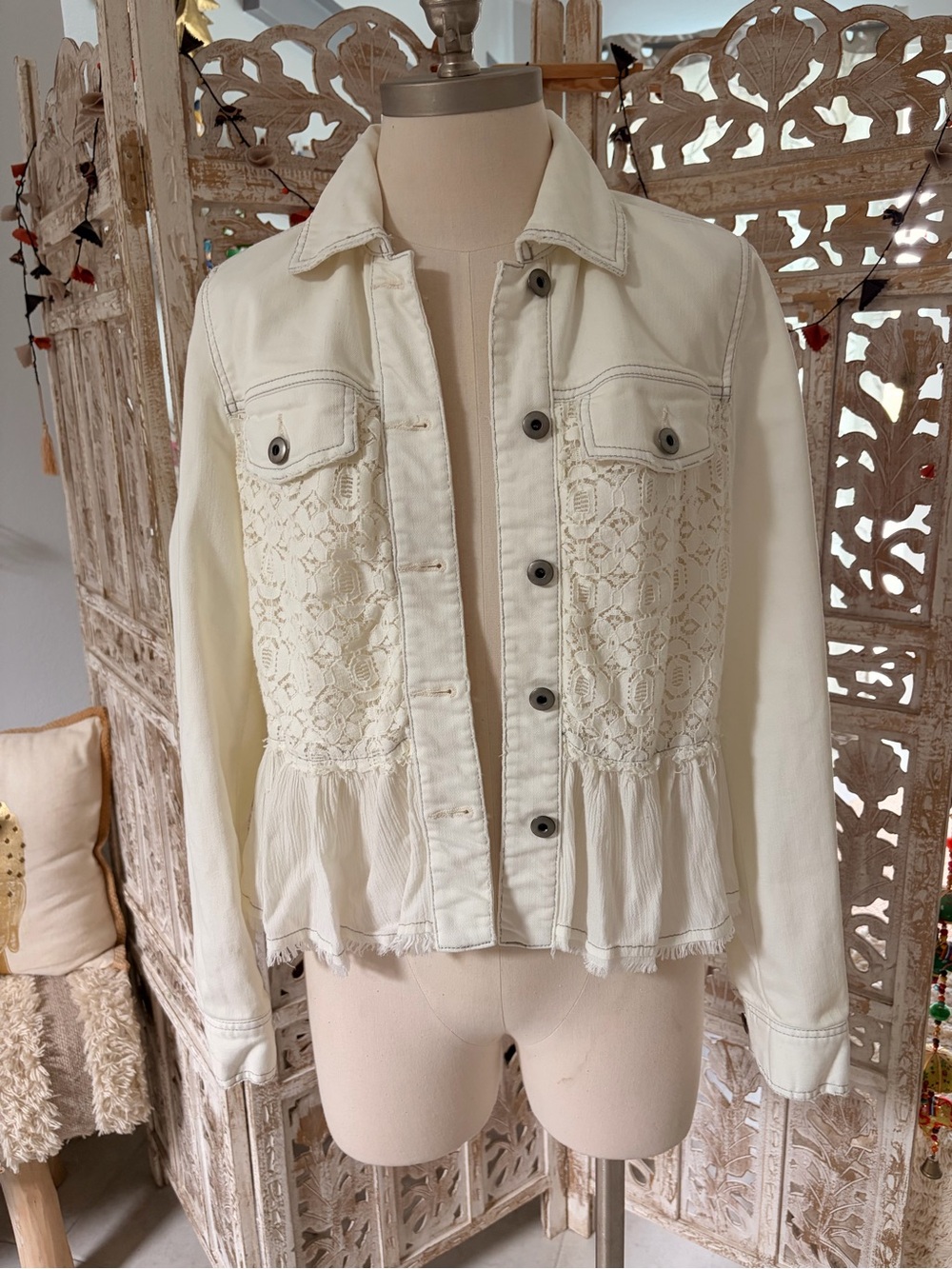 Free People Ivory Lace-Paneled Peplum Jean Jacket